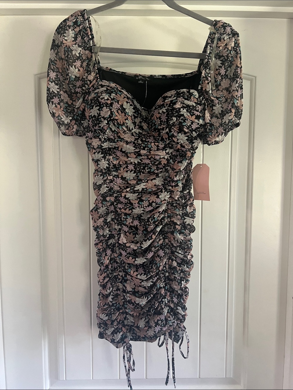 Floral Ruched Sweetheart Mini Dress Puff Sleeve NWT